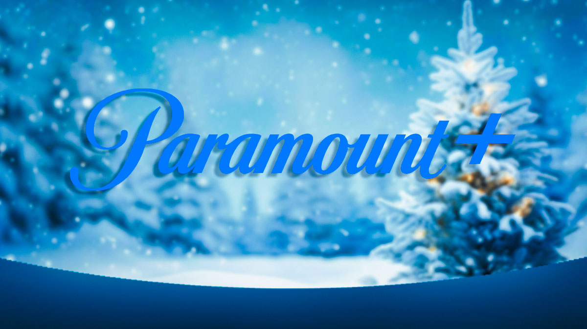 Paramount+ logo with snowy background.