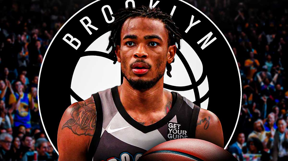 Nic Claxton and a Nets logo