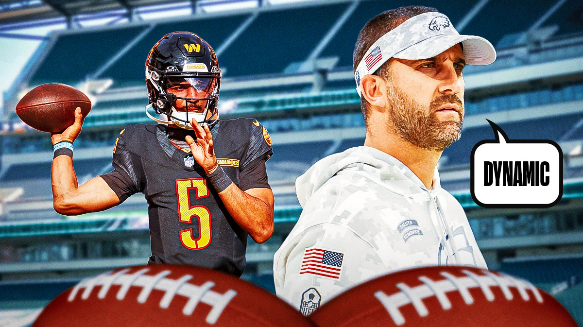 Eagles head coach Nick Sirianni with a thought bubble that says “Dynamic” with Commanders quarterback Jayden Daniels throwing a ball next to him