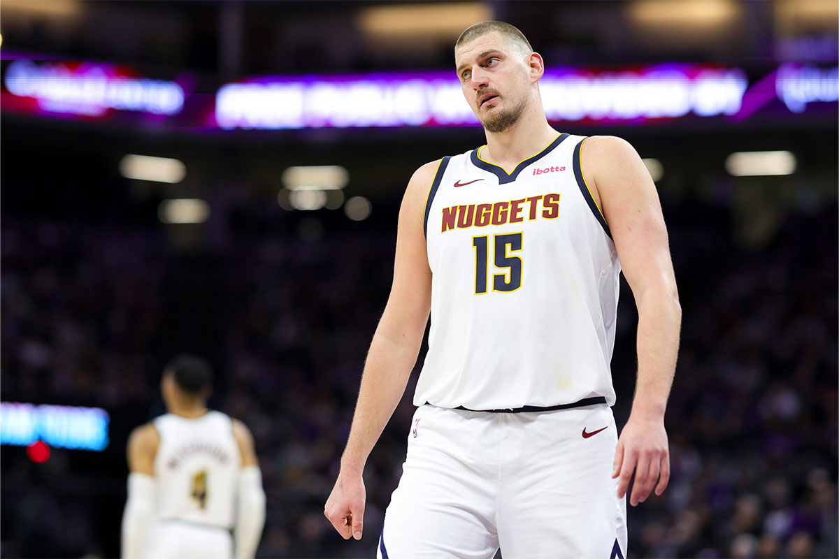 Denver Nuggets center Nikola Jokic (15) looks on during the fourth quarter against the Sacramento Kings at Golden 1 Center.