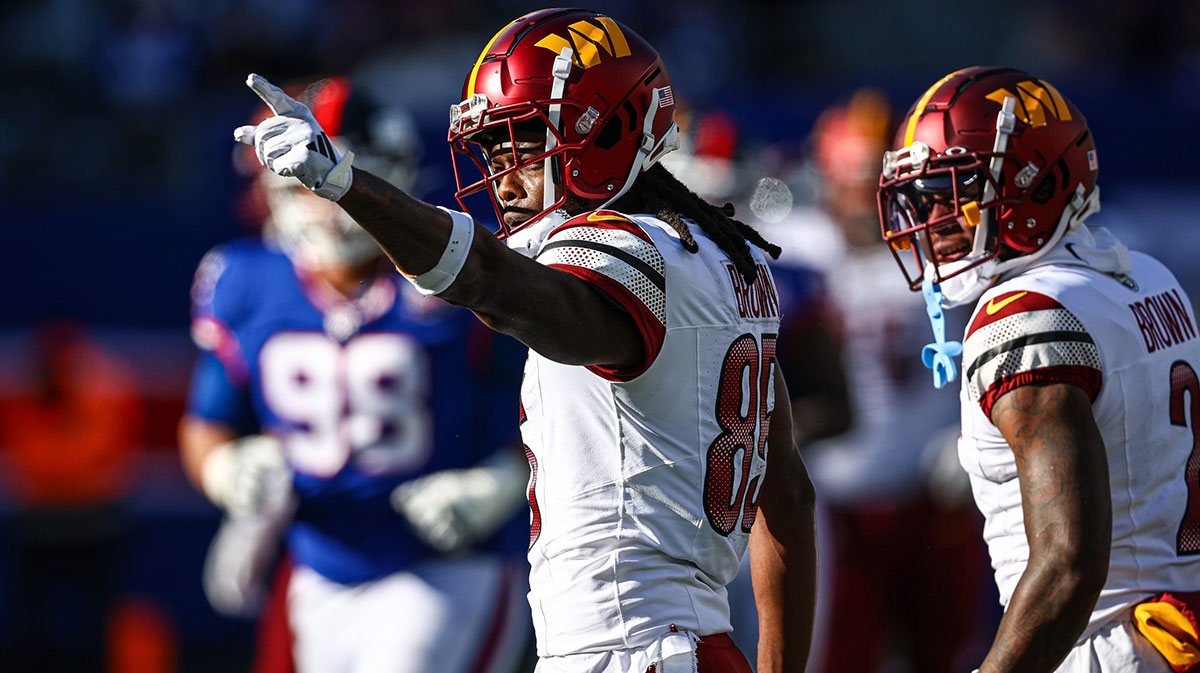 Washington Commanders wide receiver Noah Brown (85) reacts after a first down reception during the first half against the New York Giants at MetLife Stadium.