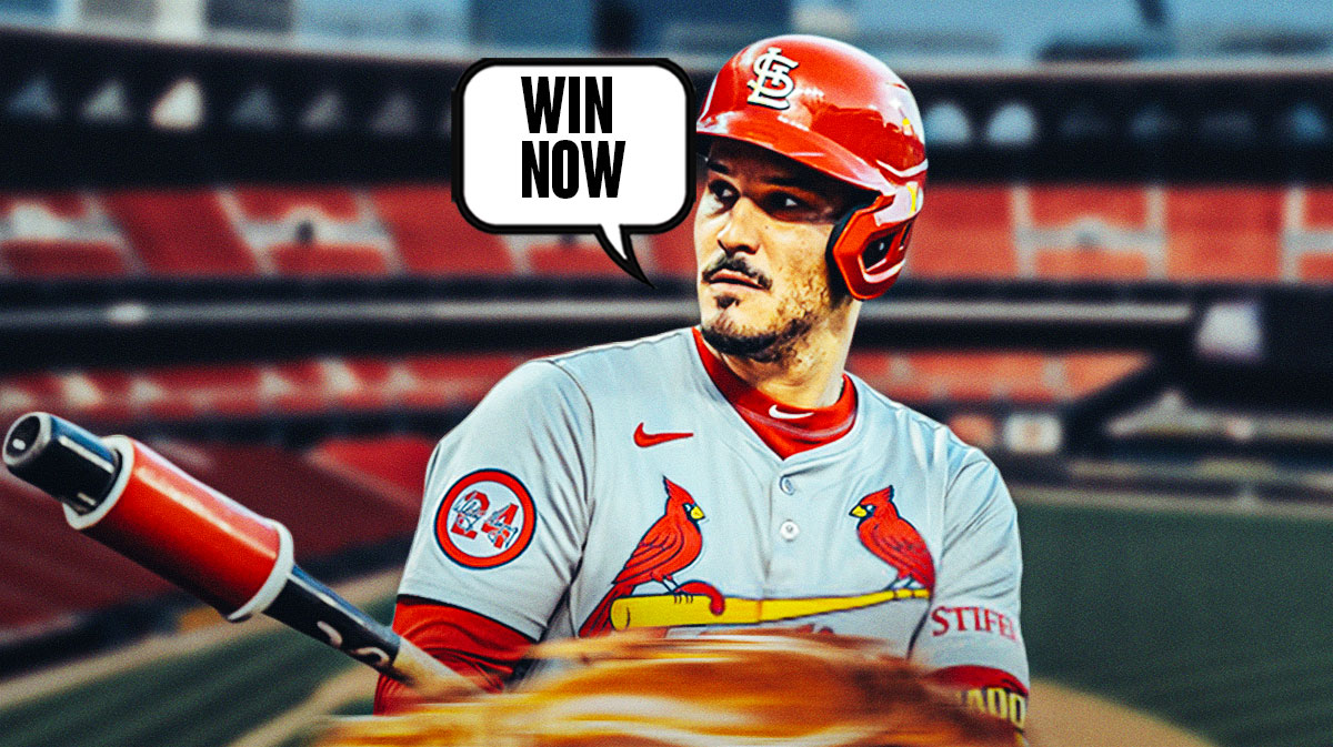 St. Louis Cardinals third baseman Nolan Arenado with a thought bubble that says "Win Now" and a background of Busch Field