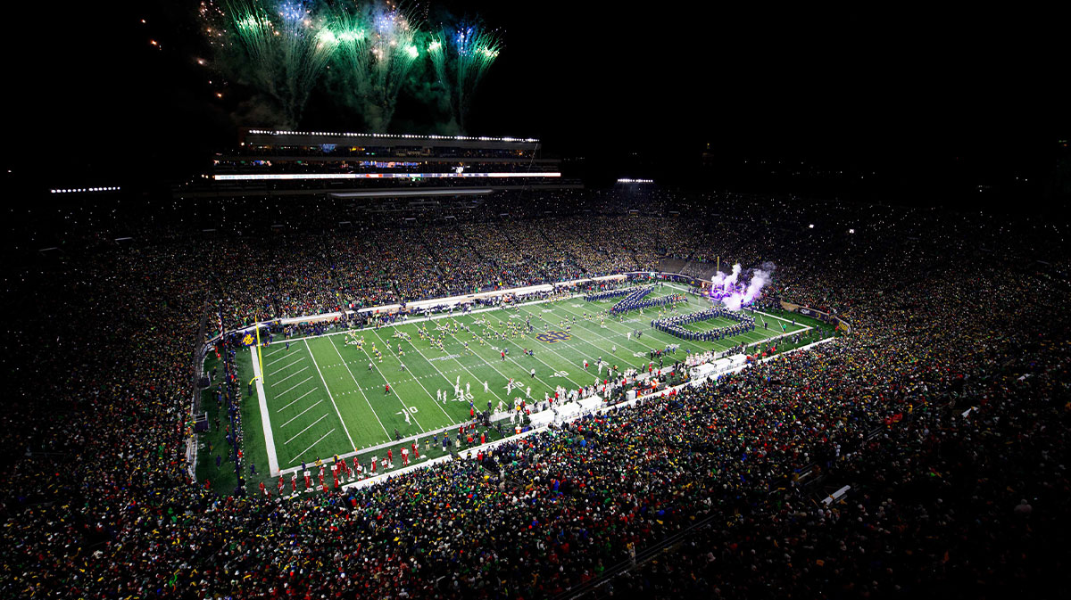 Notre Dame takes the field for the first round of the College Football Playoff between Notre Dame and Indiana on Friday, Dec. 20, 2024, in South Bend.