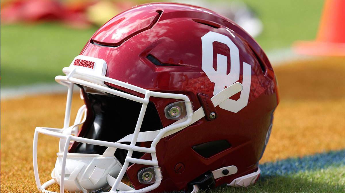 An Oklahoma Sooners helmet is shown before the game against the Auburn Tigers at Jordan-Hare Stadium.