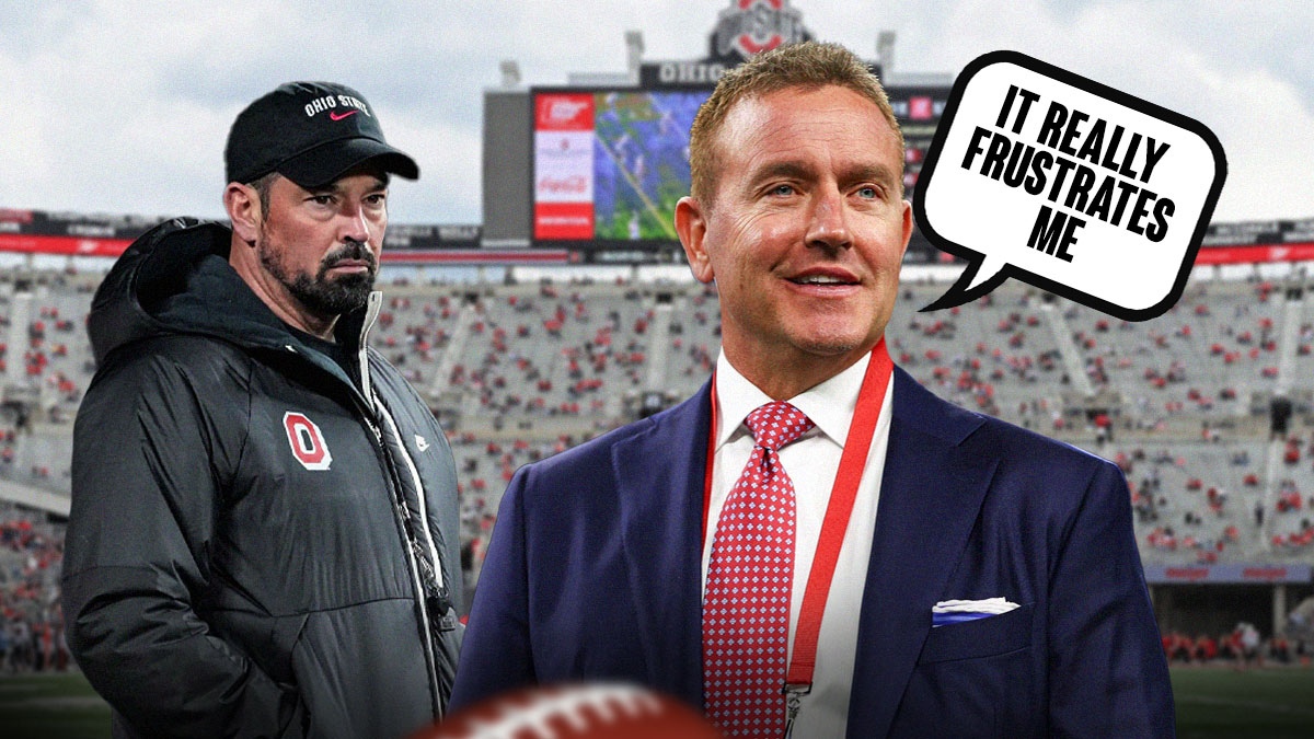 Kirk Herbstreit with a text bubble reading "It really frustrates me" next to Ryan Day in front of the Ohio State stadium.