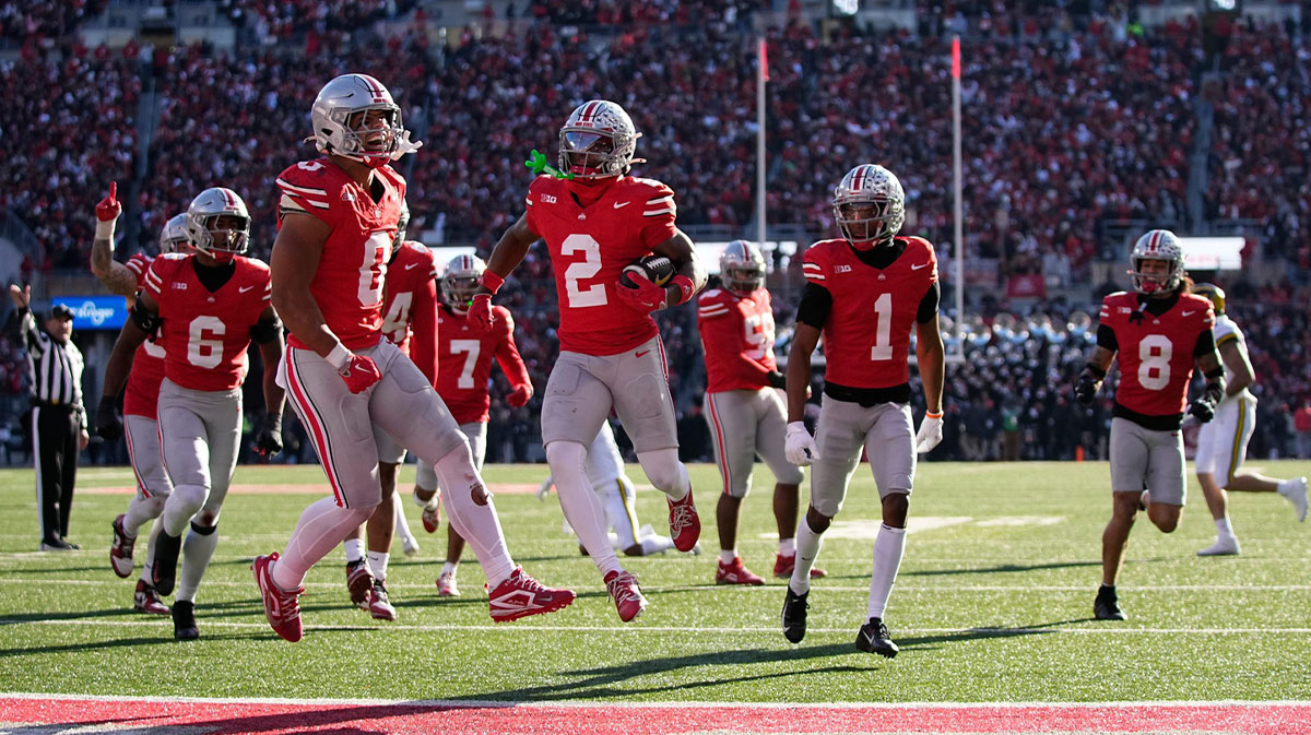 Ohio State Buckeyes safety Caleb Downs (2) celebrates an interception during the second half of the NCAA football game against the Michigan Wolverines at Ohio Stadium in Columbus on Saturday, Nov. 30, 2024. Michigan won 13-10.