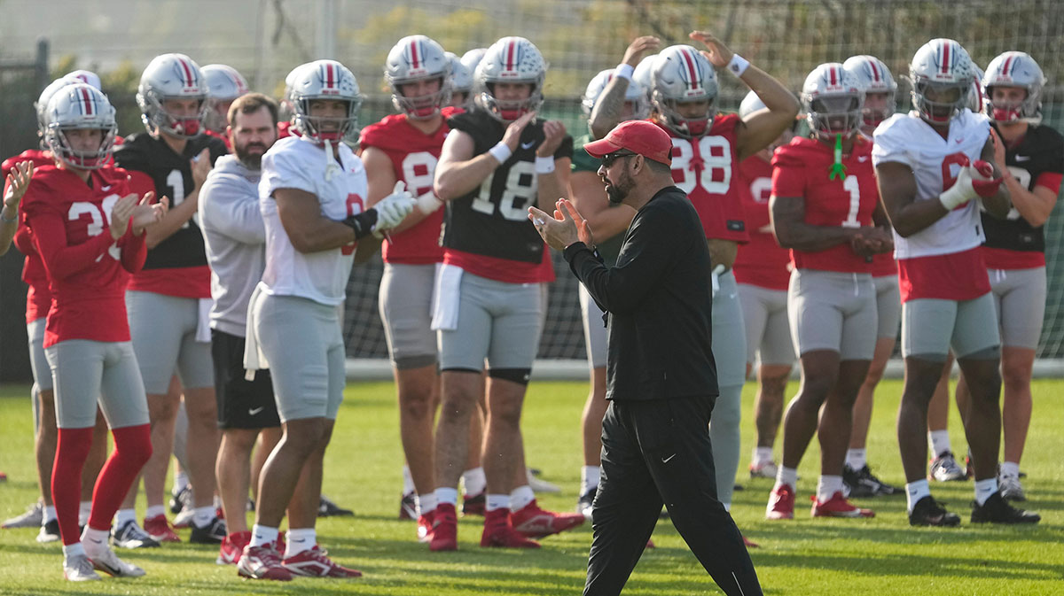 Ohio State Buckeyes head coach Ryan Day leads practice for the Rose Bowl at Dignity Health Sports Park in Carson, Calif. on Dec. 30, 2024.