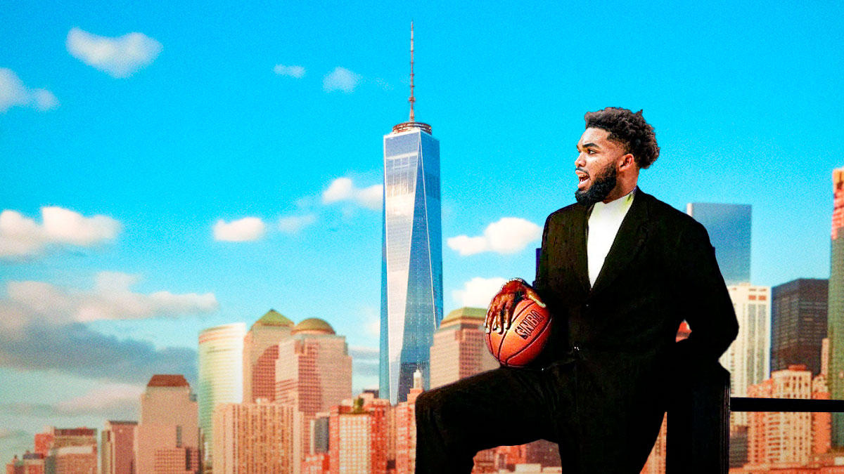 Karl-Anthony Towns photoshopped onto the iconic Patrick Ewing photo where he's holding a basketball with the Twin Towers behind him—and let's paste the the Freedom Tower in place of the Twin Towers, for obvious reasons.