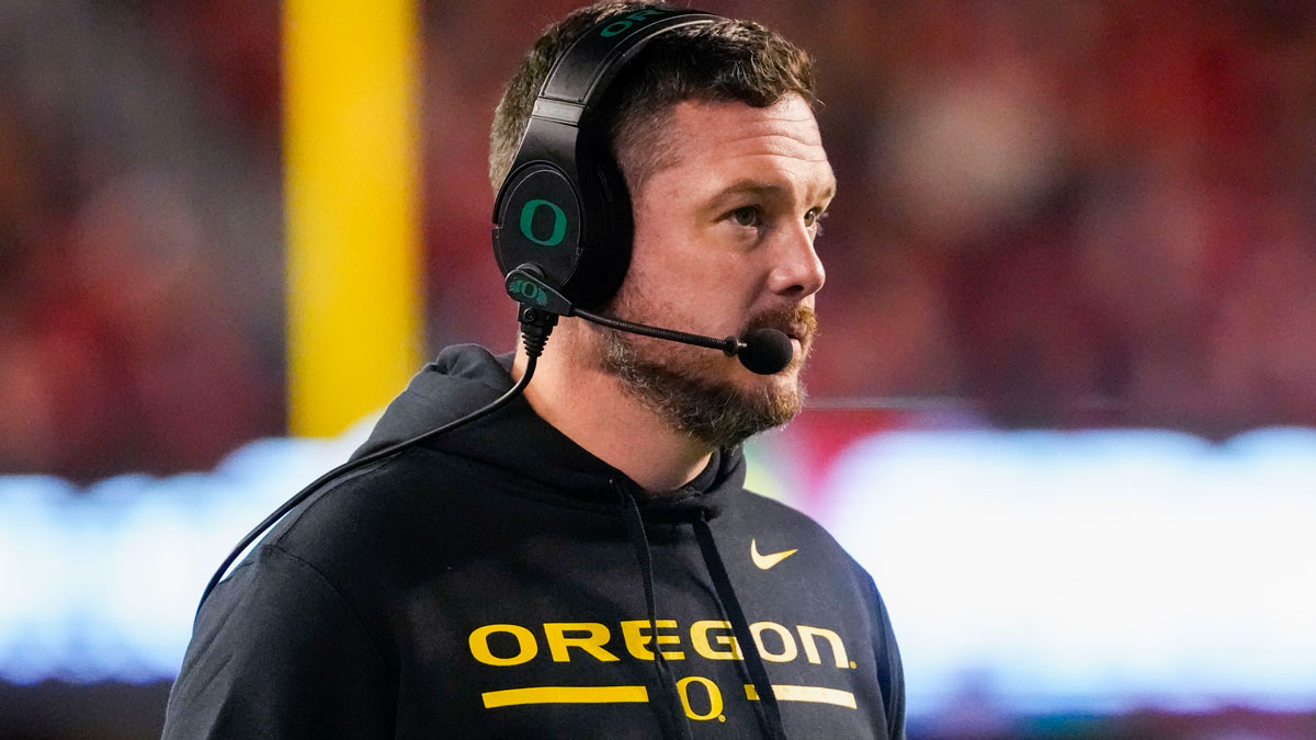 Oregon Ducks head coach Dan Lanning looks on during the first quarter against the Wisconsin Badgers at Camp Randall Stadium.
