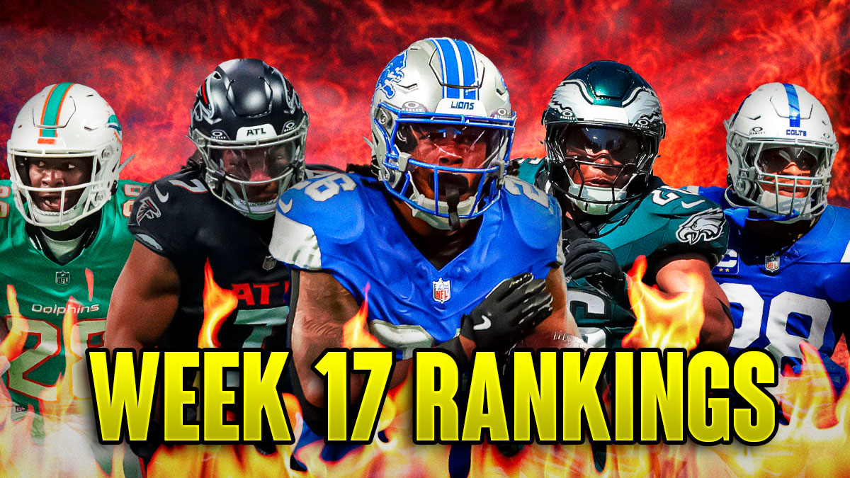 Fantasy Football Running Backs Jahmyr Gibbs, Saquon Barkley, Bijan Robinson, Jonathan Taylor, De'Von Achane are all beside each other with flames in the background.
