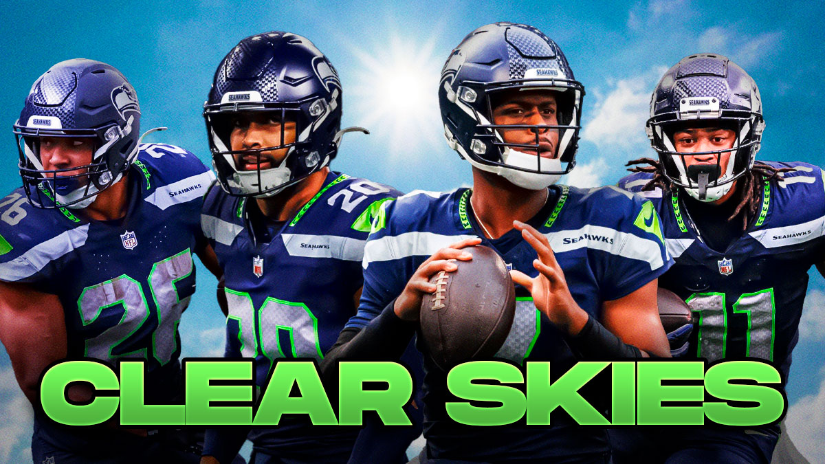 Geno Smith, Zach Charbonnet, Jaxon Smith-Njigba, Julian Love all beside each other and clear skies in the background.