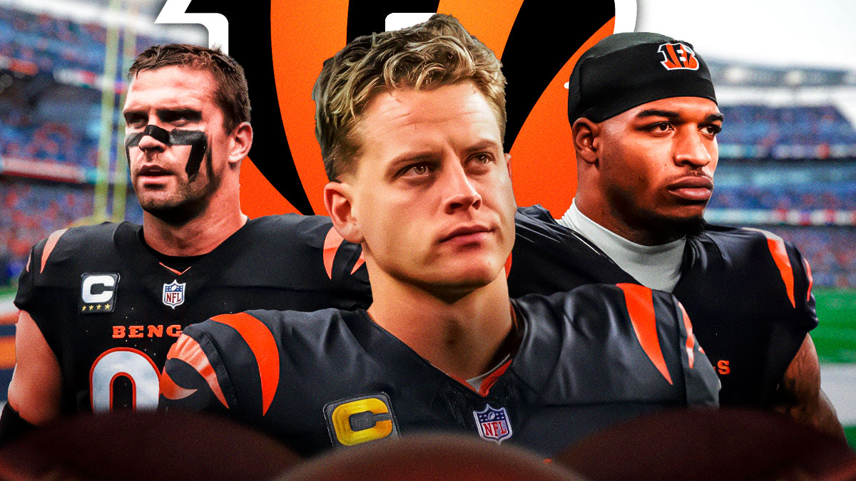 Cincinnati Bengals QB Joe Burrow with WR Ja'Marr Chase and DE Sam Hubbard. There is also a logo for the Cincinnati Bengals.
