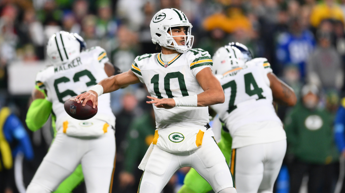 Green Bay Packers quarterback Jordan Love (10) passes the ball against the Seattle Seahawks during the first half at Lumen Field.