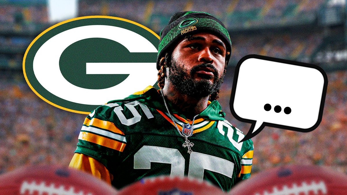 Green Bay Packers cornerback Keisean Nixon with a speech bubble that has the three dots emoji inside. There is also a logo for the Green Bay Packers.