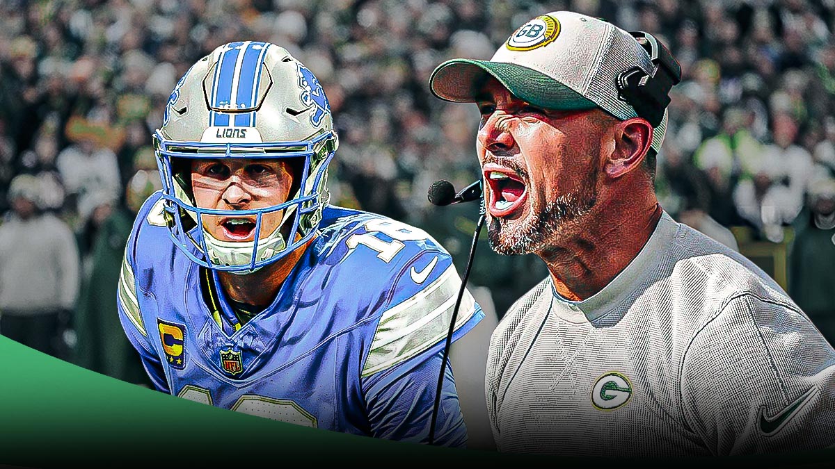 Green Bay Packers coach Matt LaFleur looking unhappy wit Jared Goff in a Detroit Lions uniform celebrating as the Packers lost to the Lions in Week 14.