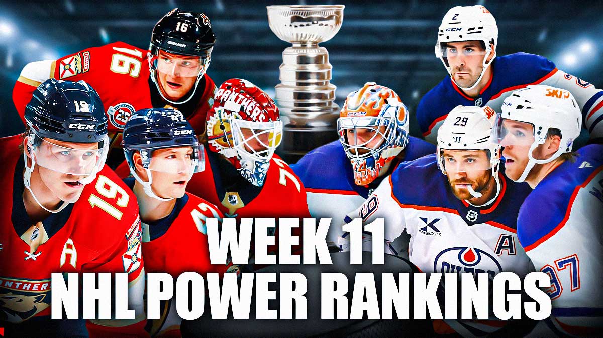 Matthew Tkachuk, Sasha Barkov, Gustav Forsling and Sergei Bobrovsky on one side, Connor McDavid, Leon Draisaitl, Evan Bouchard and Stuart Skinner on other side, Stanley Cup in middle. hockey rink in background. Text: Week 11 NHL Power Rankings