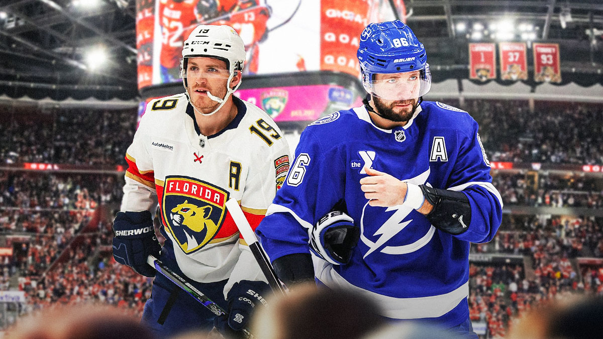 Panthers' Matthew Tkachuk and Tampa Bay Lightning forward Nikita Kucherov inside Amerant Bank Arena