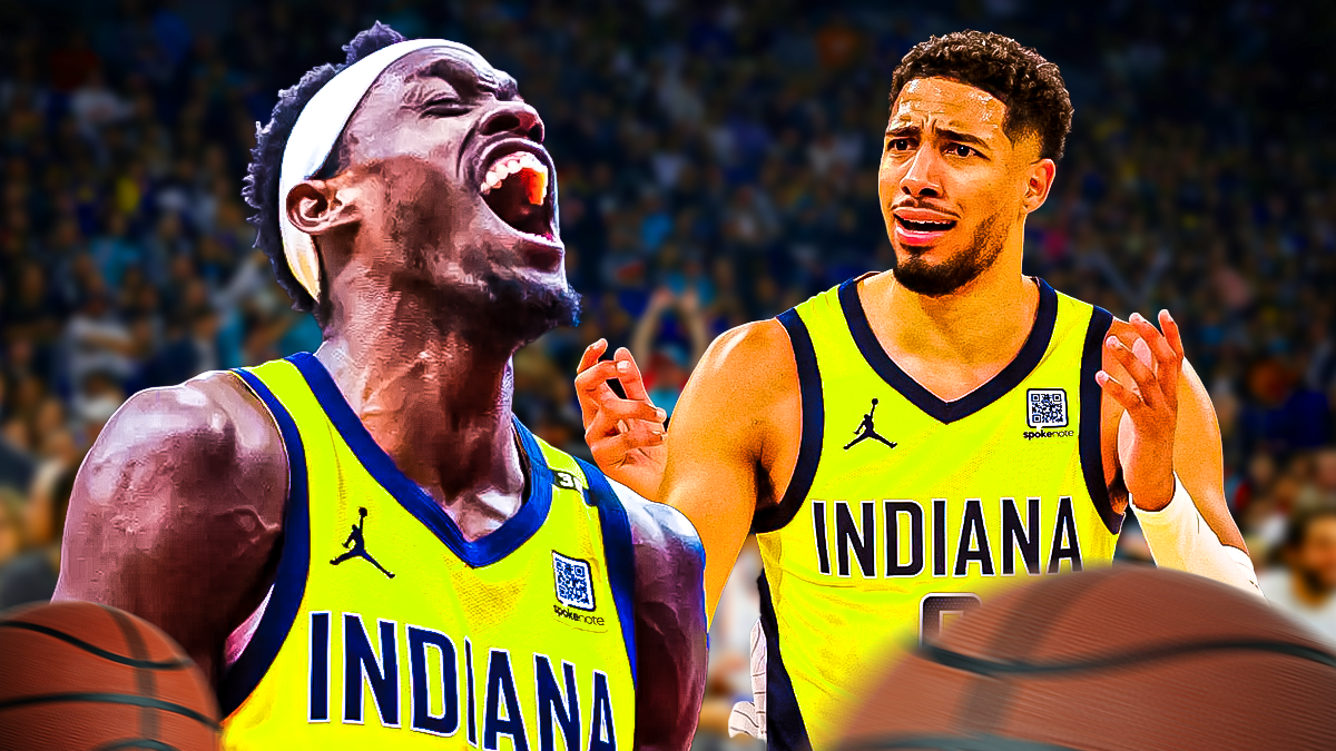 Image of Pacers Pascal Siakam yelling in anger next to image of Pacers Tyrese Haliburton looking sad