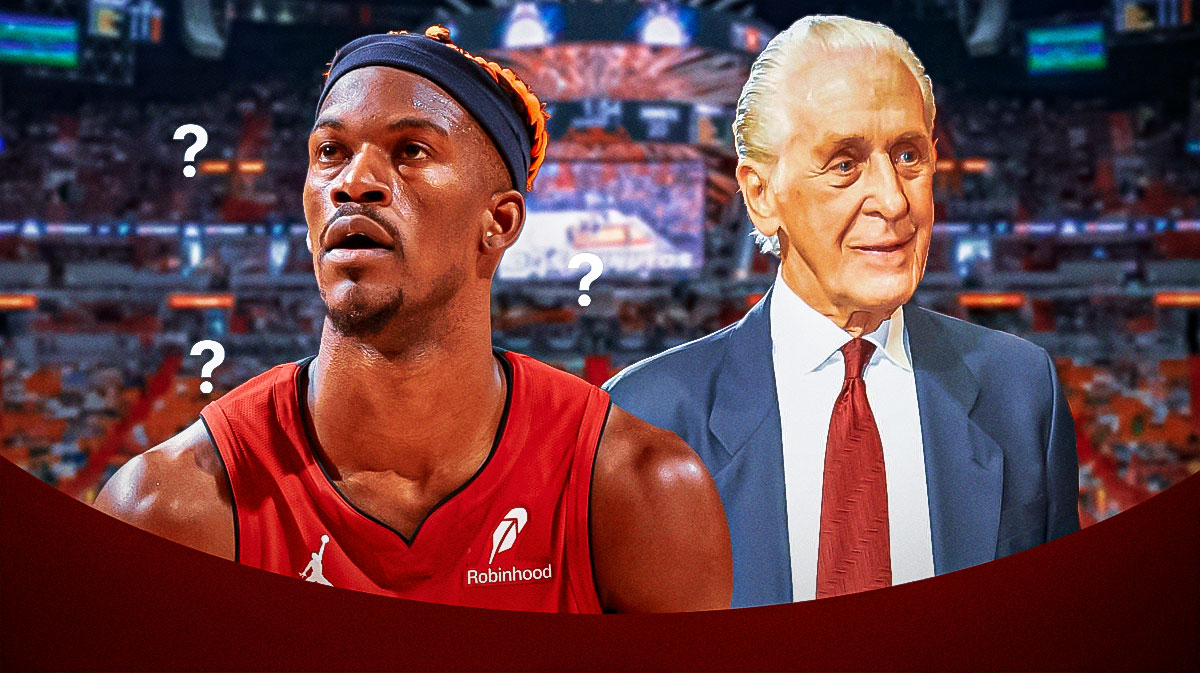 Miami Heat president Pat Riley standing next to Jimmy Butler with question marks around him in front of Kaseya Center.