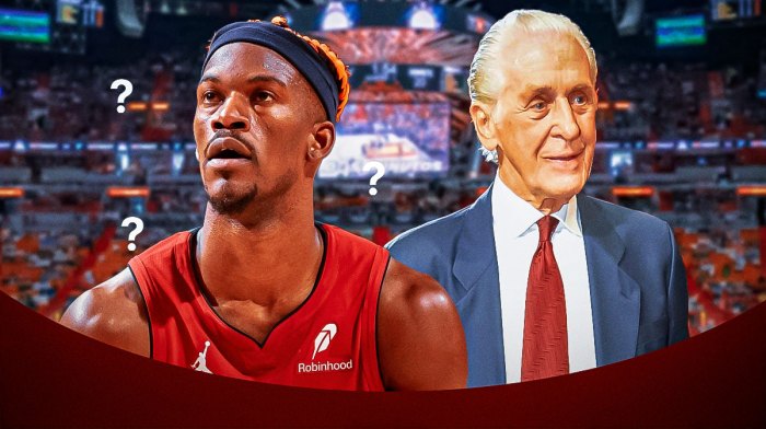 Miami Heat president Pat Riley standing next to Jimmy Butler with question marks around him in front of Kaseya Center.