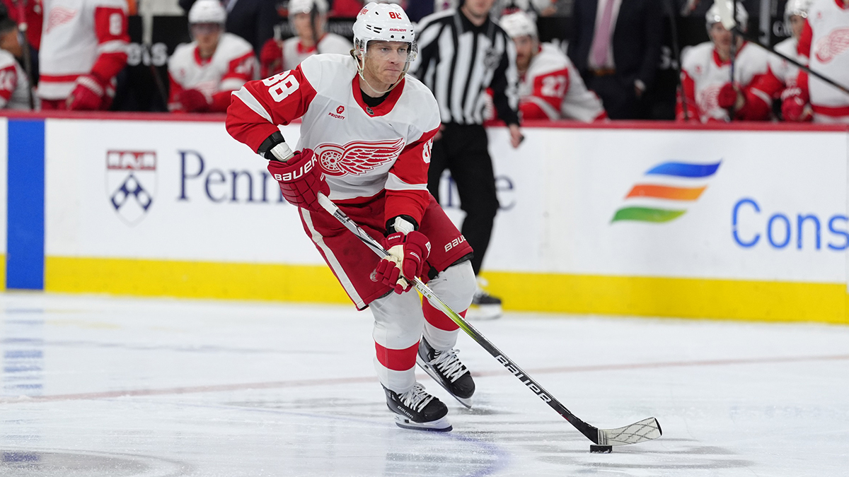 Detroit Red Wings right wing Patrick Kane (88) controls the puck against the Philadelphia Flyers in the third period at Wells Fargo Center.