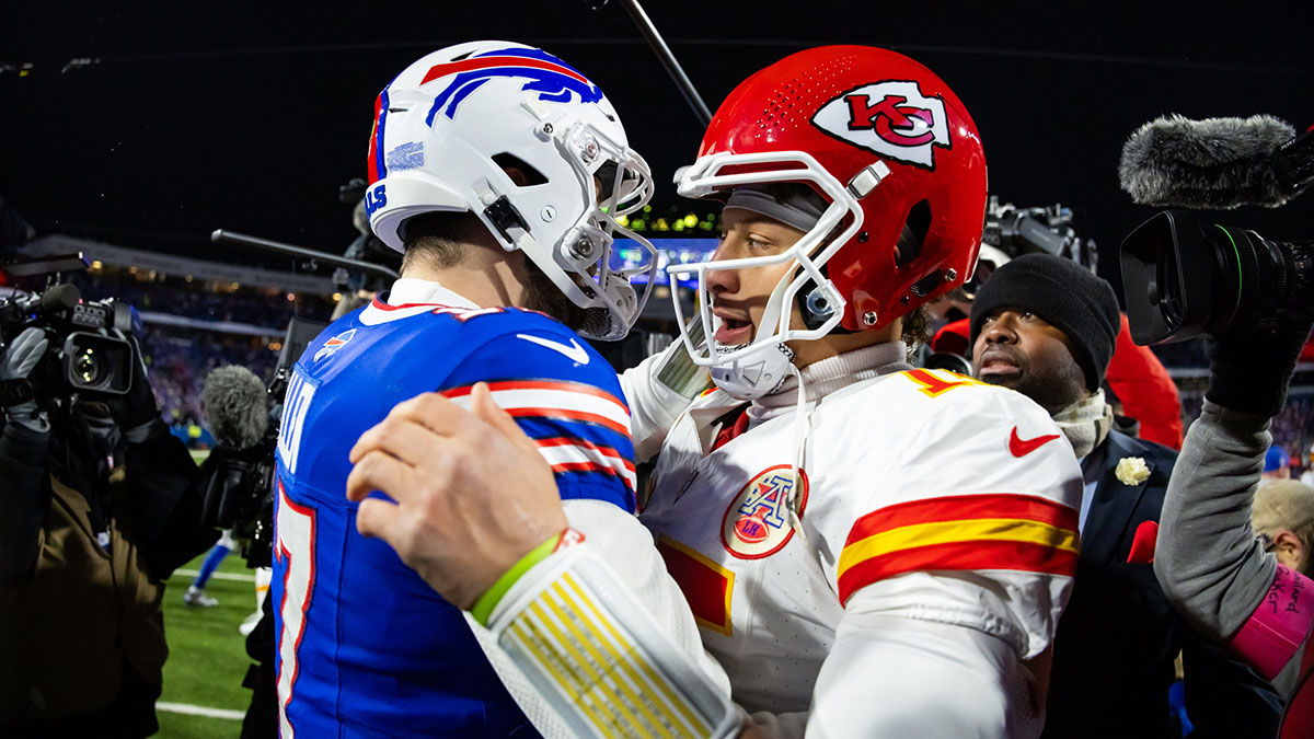 Kansas City Chiefs quarterback Patrick Mahomes (15) greets Buffalo Bills quarterback Josh Allen (17) following the 2024 AFC divisional round game at Highmark Stadium. 