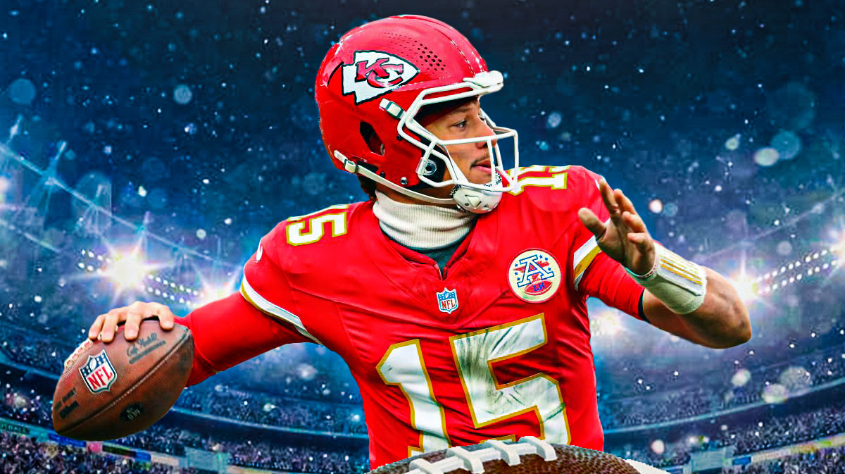 Kansas City Chiefs star Patrick Mahomes in front of Arrowhead Stadium.