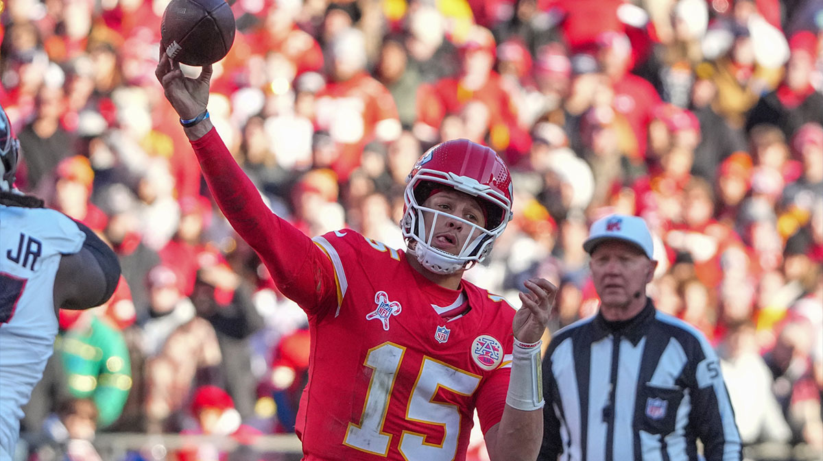 Patrick Mahomes throwing a pass against the Texans in Week 16 of the 2024 NFL season on December 21, 2024.