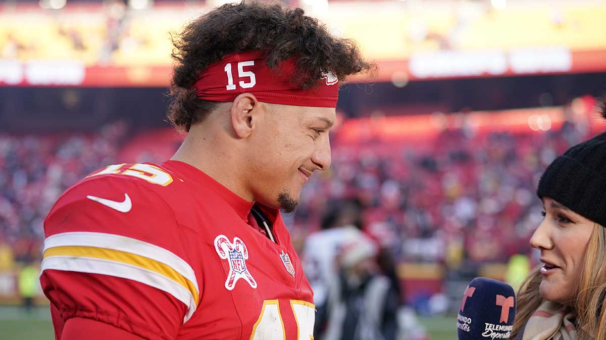 Kansas City Chiefs quarterback Patrick Mahomes (15) speaks to media after the win over the Houston Texans at GEHA Field at Arrowhead Stadium.