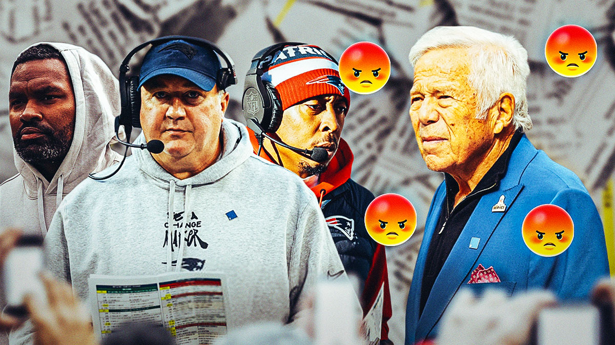 A newspaper as the background, Jerod Mayo, Alex Van Pelt, and DeMarcus Covington on one side, Robert Kraft on the other side with a bunch of angry emojis around him