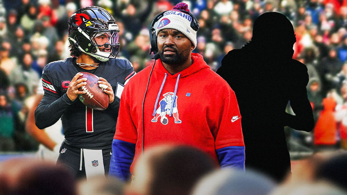Jerod Mayo in the middle, with Kyler Murray on the left and the blacked-out silhouette of Joe Milton on the right, with the Patriots stadium in the background.