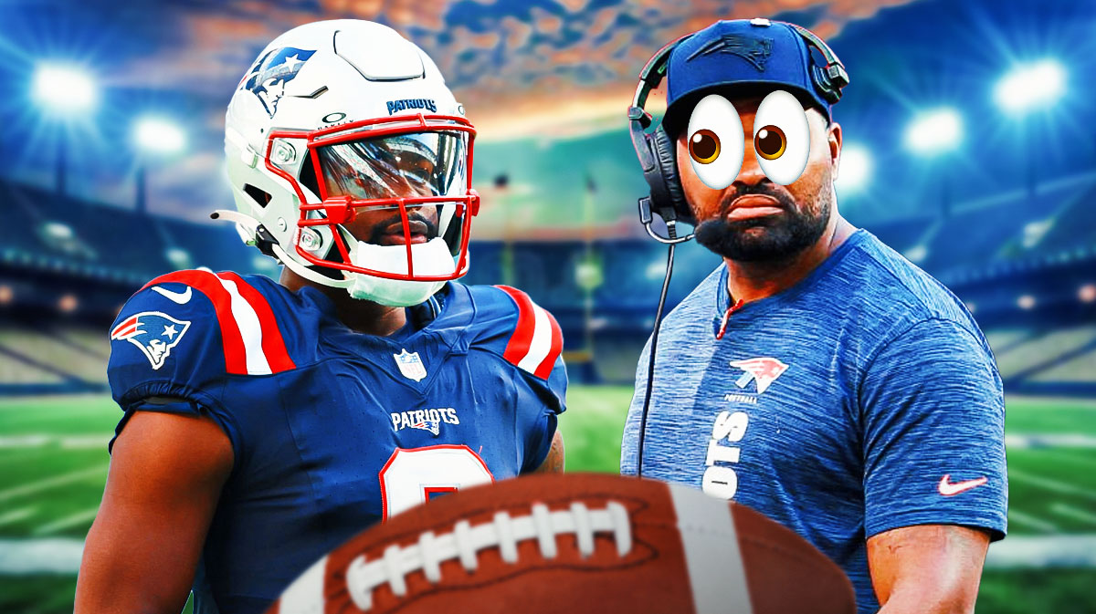 Kayshon Boutte on one side, Jerod Mayo on the other side with the big eyes emoji over his face