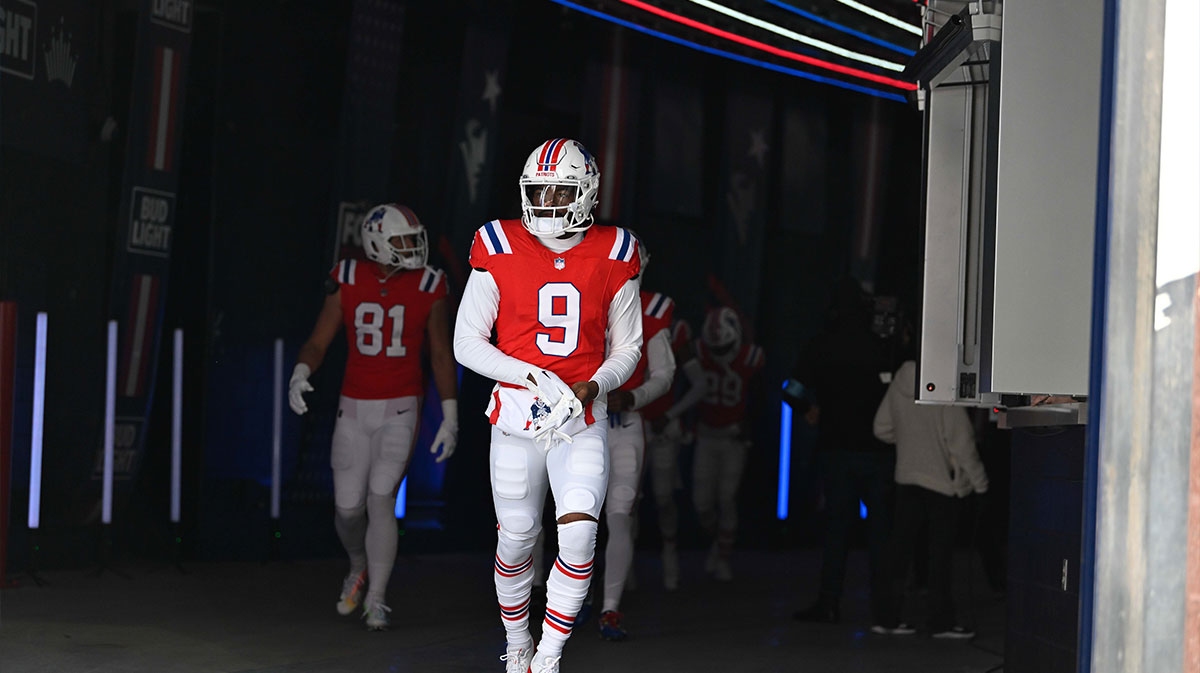 New England Patriots wide receiver Kayshon Boutte (9) walks out of the player's tunnel before a game against the Indianapolis Colts at Gillette Stadium.