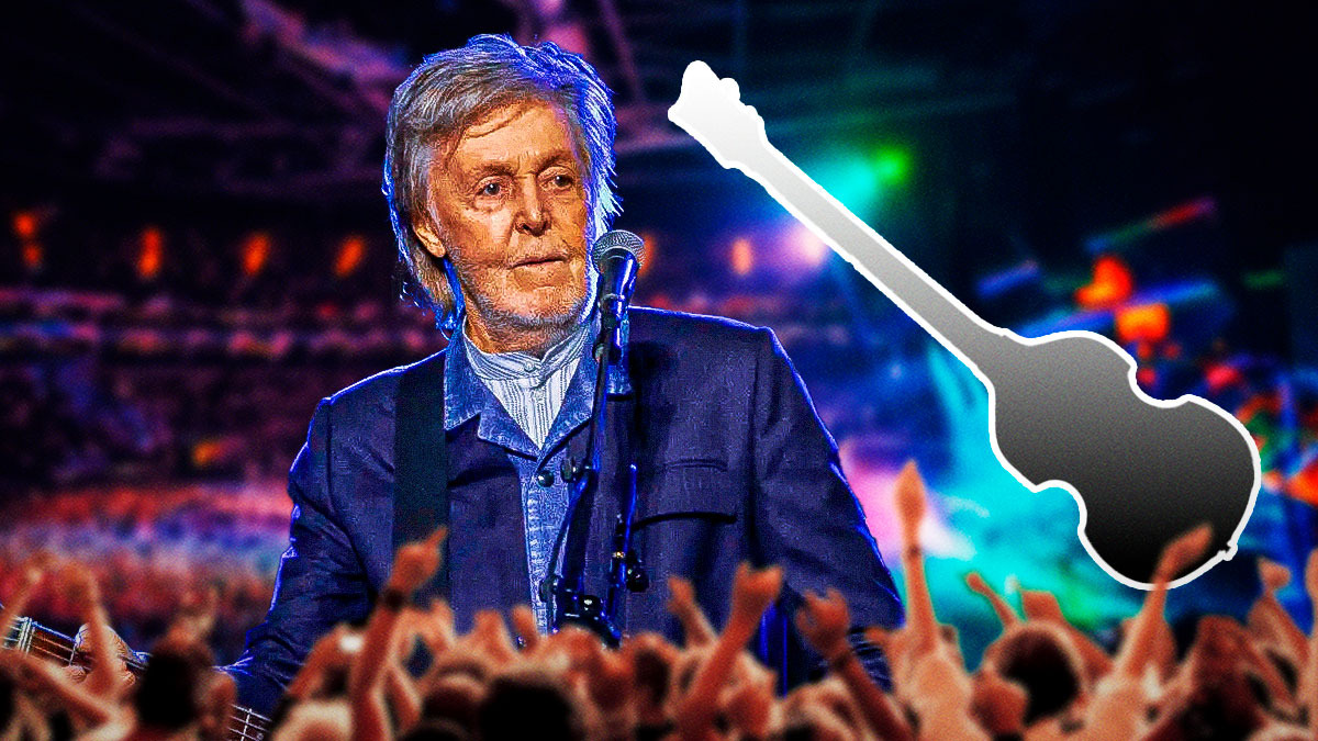 Paul McCartney with silhouette of Beatles Höfner Violin Bass with O2 Arena, where the 2024 Got Back Tour ended, background.
