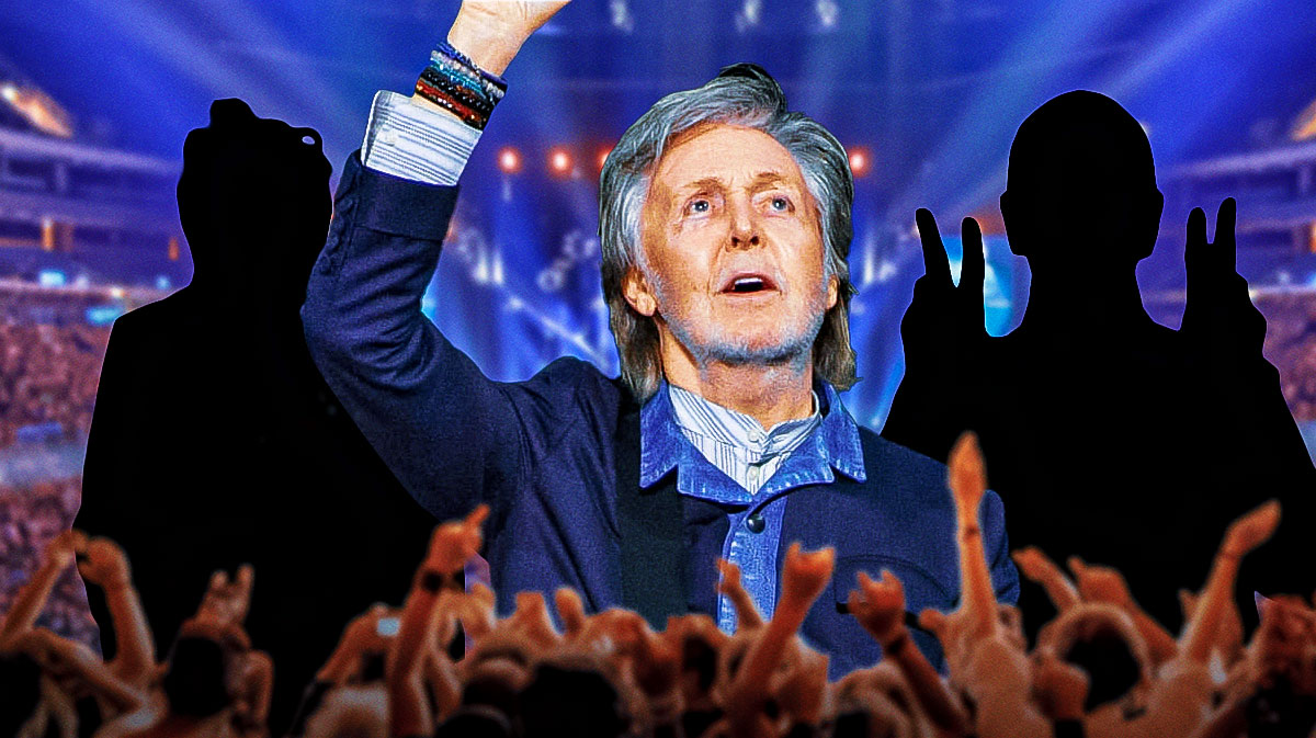 Paul McCartney, who concluded the 2024 Got Back Tour in London, England, with O2 Arena background and silhouettes of the Rolling Stones' Ronnie Wood and the Beatles' Ringo Starr.