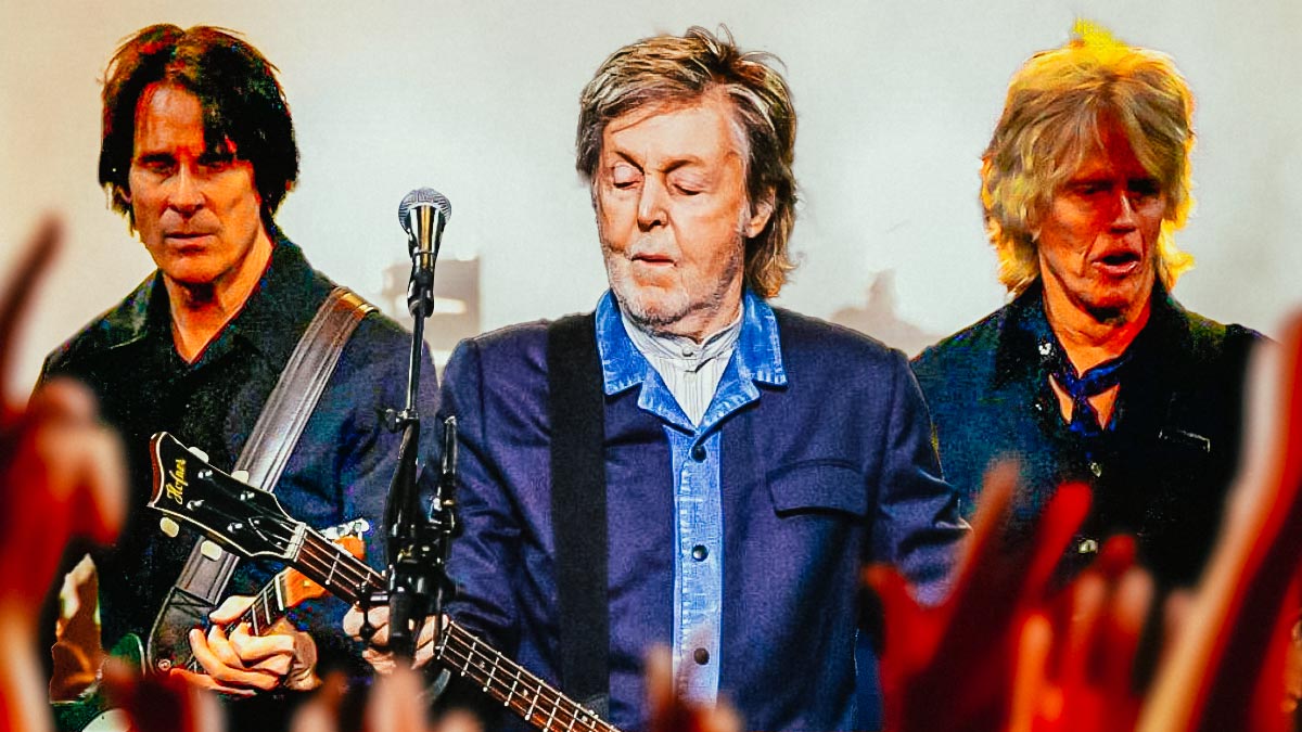 Paul McCartney in the middle of his guitarists for the 2024 Got Back Tour Rusty Anderson and Brian Ray.