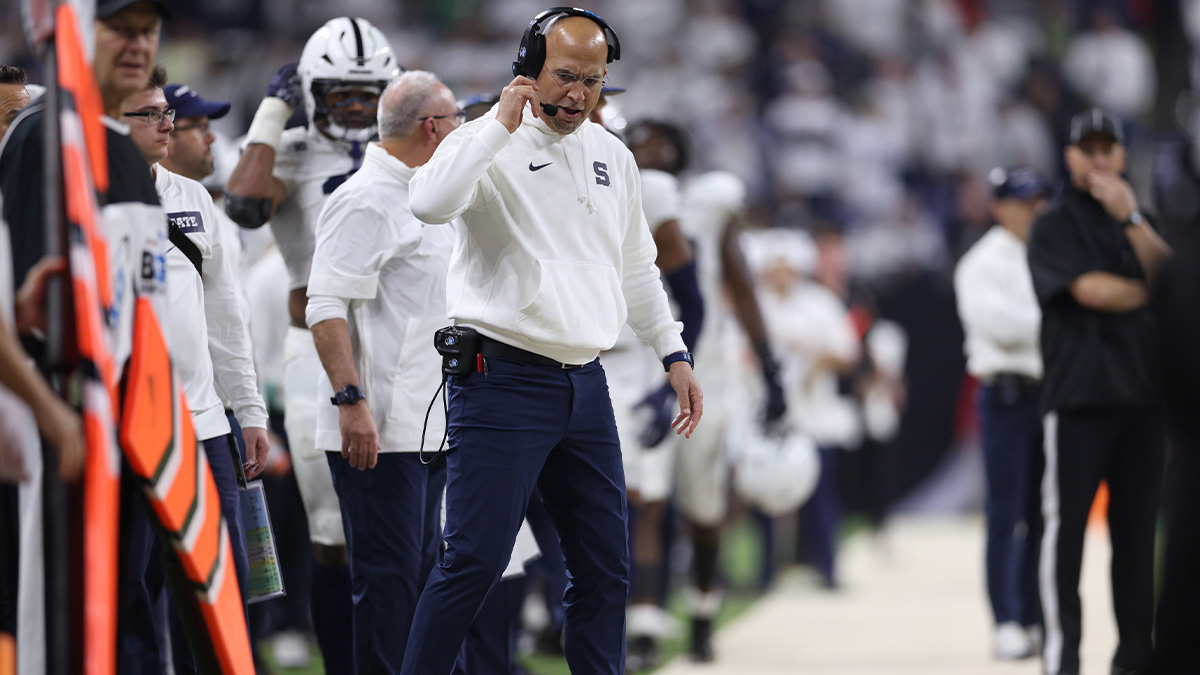 Penn State Nittany Lions head coach James Franklin talks during the first quarter against the Oregon Ducks in the 2024 Big Ten Championship game at Lucas Oil Stadium.