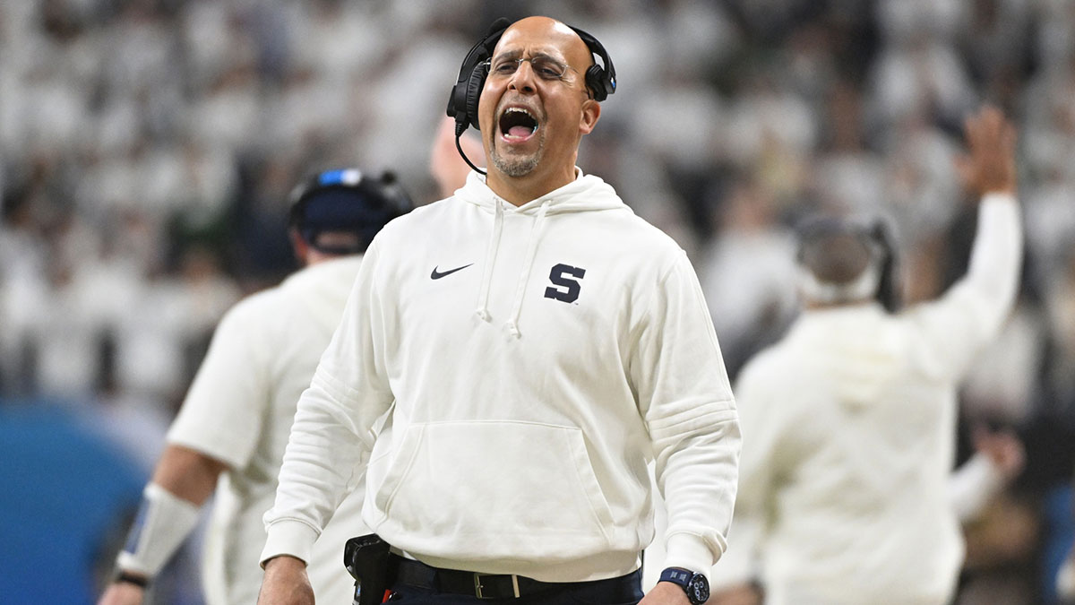 Penn State Nittany Lions head coach James Franklin reacts after a touchdown against the Oregon Ducks during the second quarter in the 2024 Big Ten Championship game at Lucas Oil Stadium