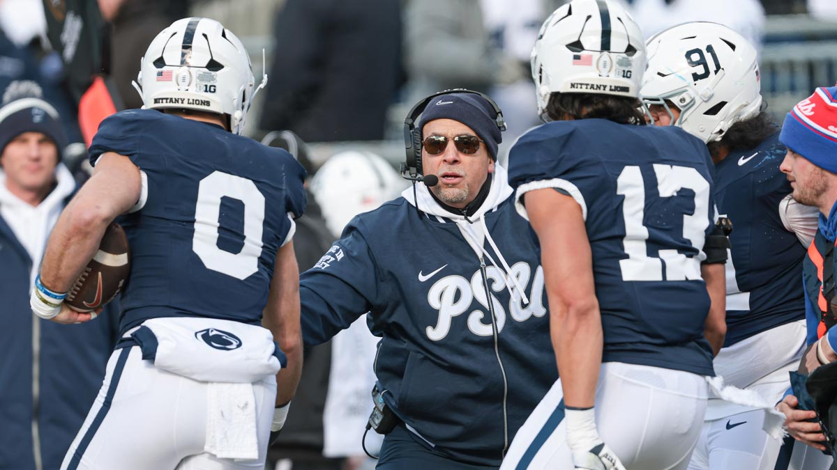 Penn State Nittany Lions head coach James Franklin celebrates with linebacker Dominic DeLuca (0) after an interception for a touchdown during the first half against the Southern Methodist Mustangs at Beaver Stadium.