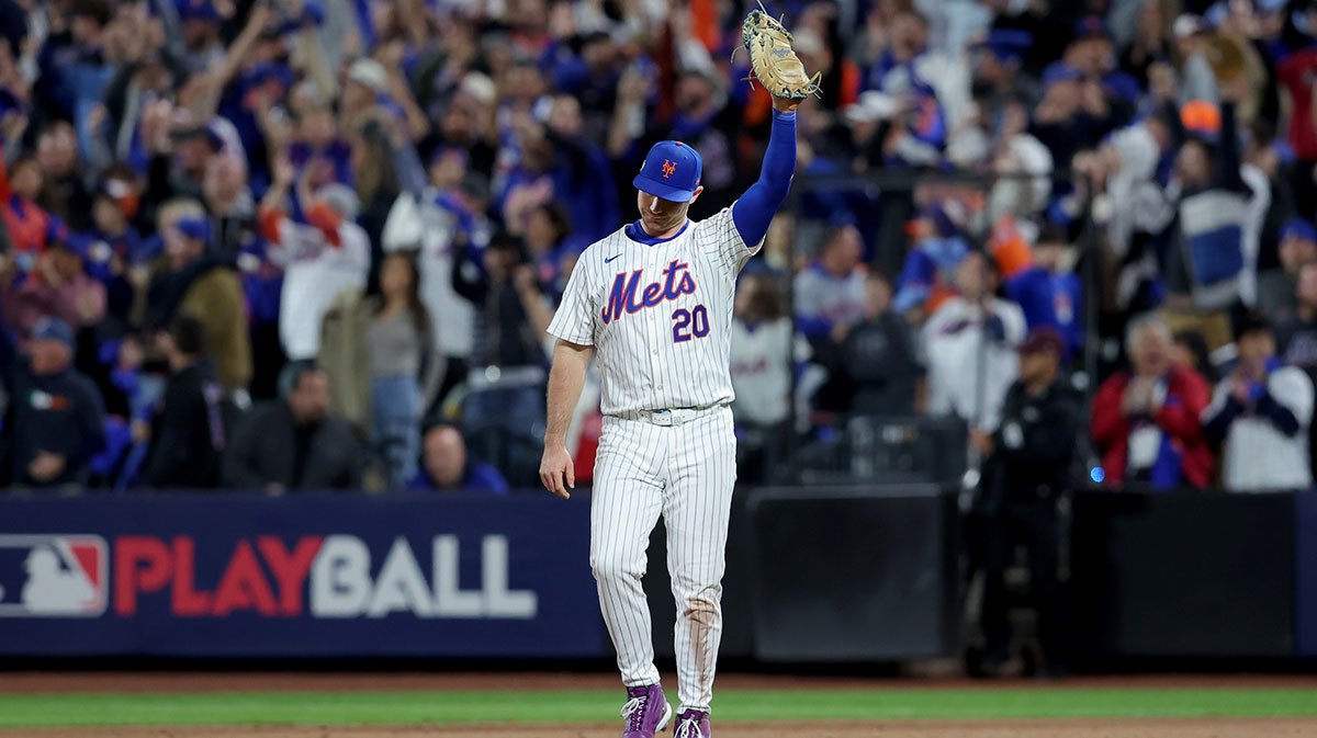 New York Mets first baseman Pete Alonso (20) reacts after defeating the Los Angeles Dodgers in game five of the NLCS during the 2024 MLB playoffs at Citi Field.