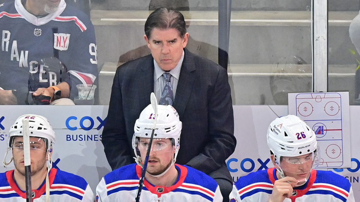 New York Rangers head coach Peter Laviolette looks on prior to the game against the Arizona Coyotes at Mullett Arena.