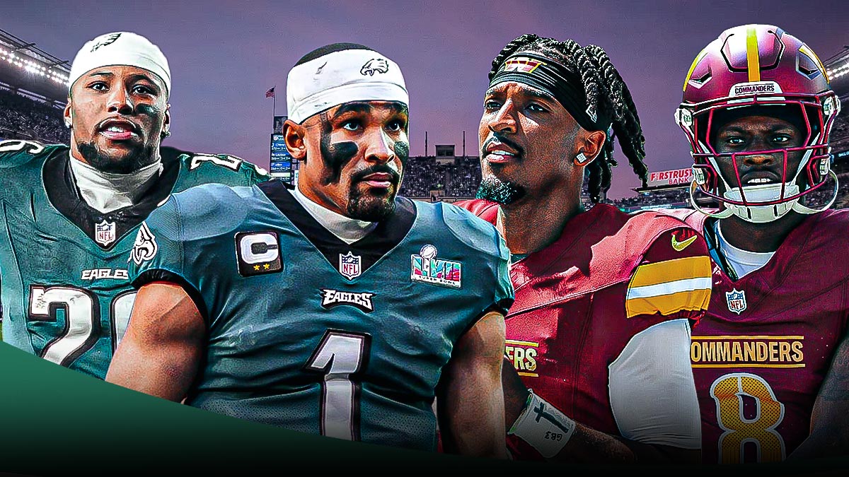 Jalen Hurts, Jayden Daniels, Saquon Barkley and Brian Robinson Jr. in front of the Eagles stadium.