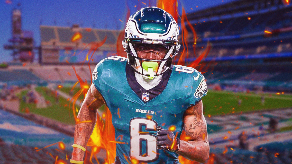 DeVonta Smith looking fired up in front of the Eagles stadium.