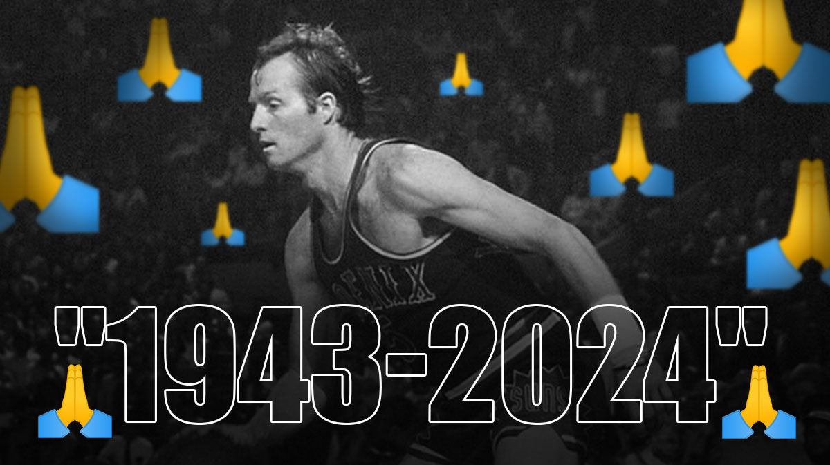 Suns' Dick Van Arsdale in black and white, with prayer hands emoji all over, with "1943-2024" caption below