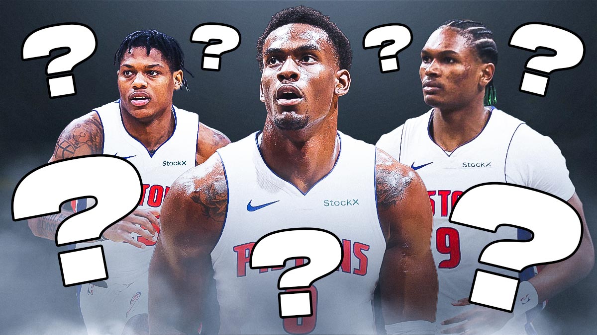 Pistons' Jalen Duren, Ausar Thompson, and Marcus Sasser looking sad, with question marks all over