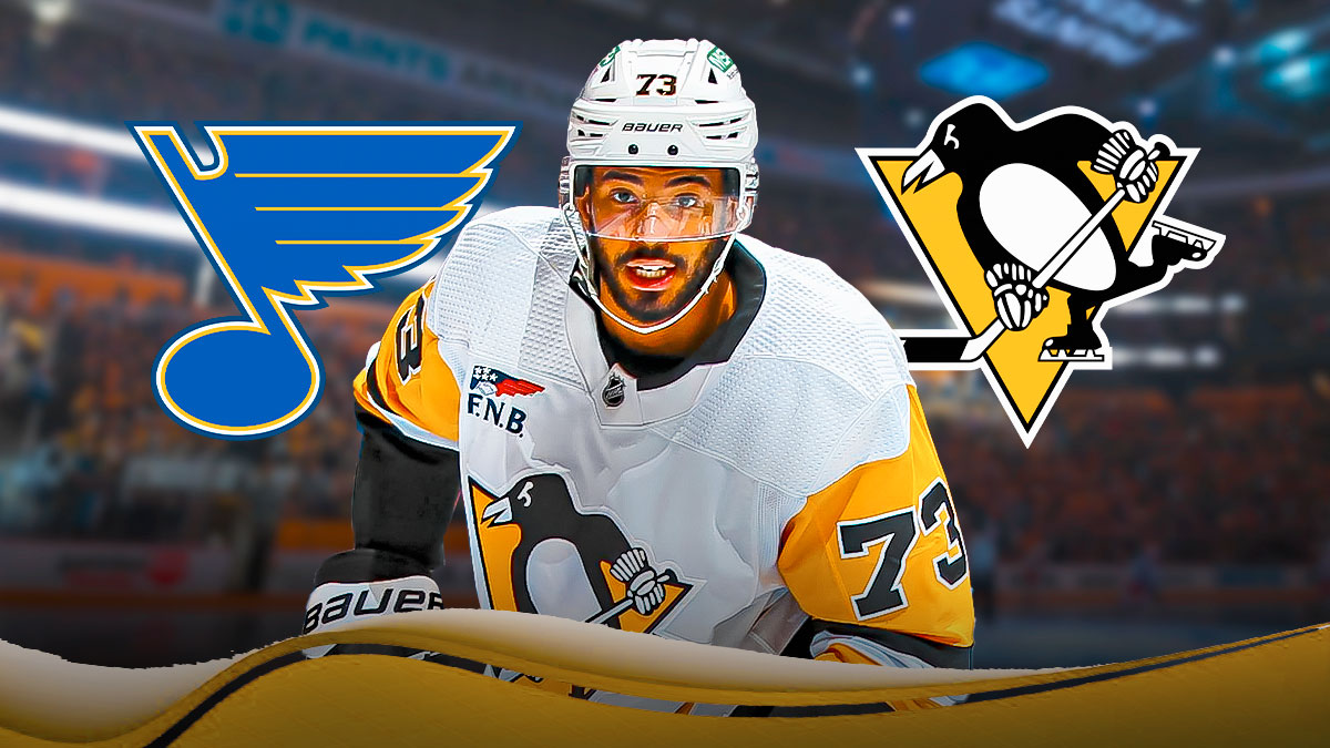 P.O. Joseph back in a Penguins jersey in front of PPG Paints Arena, a Blues logo on the left of him, Penguins on the right