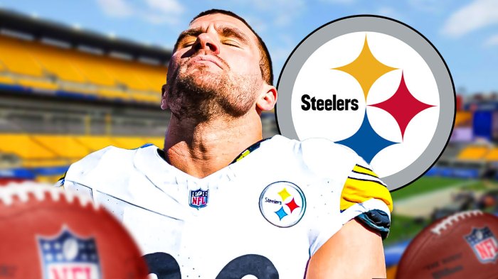 Steelers TJ Watt looking sad/upset next to a Steelers logo. Background is Acrisure Stadium