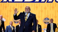 Nashville Predators incoming general manager Barry Trotz announces the twenty fourth pick in round one of the 2023 NHL Draft at Bridgestone Arena