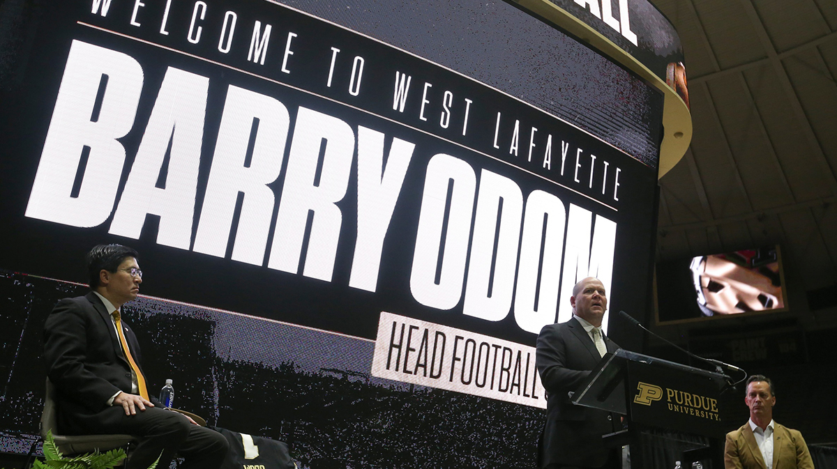 Purdue football head coach Barry Odom speaks Tuesday, Dec. 10, 2024, during the welcoming of Odom at Mackey Arena in West Lafayette, Ind.