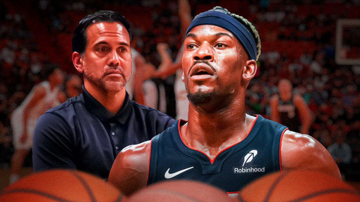Miami Heat head coach Erik Spoelstra and Jimmy Butler in front of Kaseya Center.